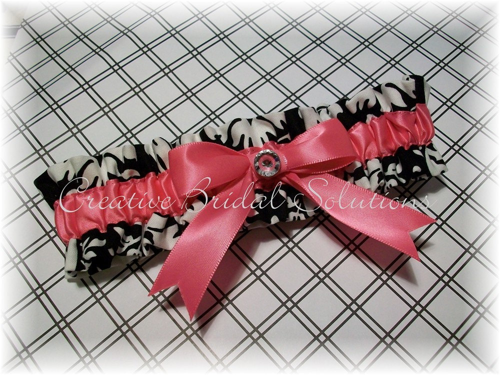 Black and White Damask with Hot Pink Wedding Bridal Garter CLEARANCED PRICED