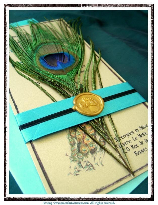 STEFANIE Peacock Themed Wedding Invitation French Art Nouveau Turquoise and
