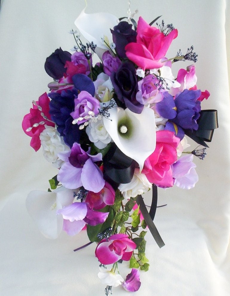 Wedding Flowers Cascade Bouquet Purple Fuschia Black silk flowers