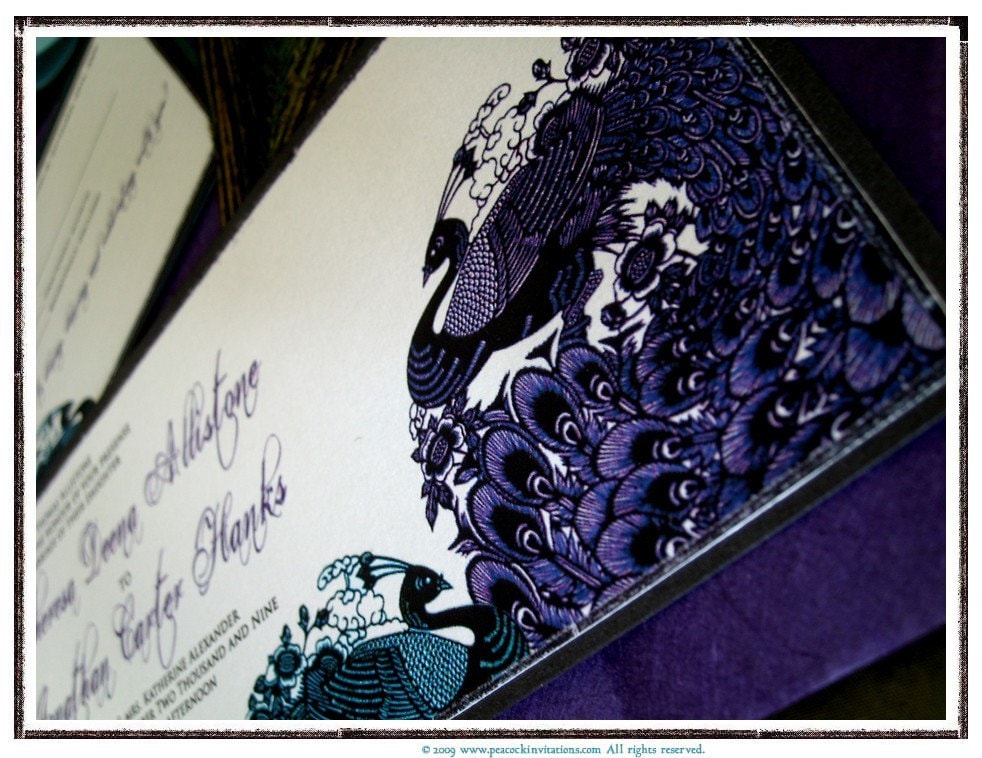 THERESA Peacock Lovebirds Wedding Invitations in Purple and Teal