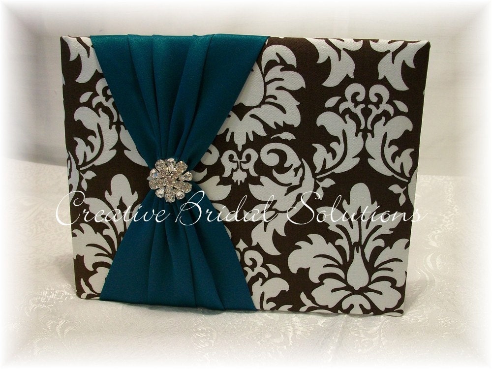 Brown and White Dandy Damask with Teal Wedding Guest Book