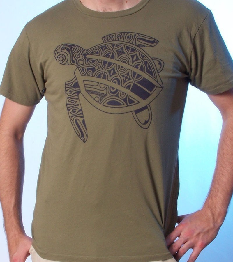 Tattoo Sea Turtle Animal Men's TShirt on Moss Green Men's Tee Shirt XXS 