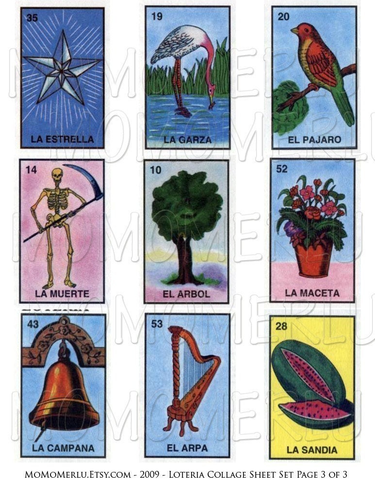 Mexican Loteria Game Cards 3 Sheets Large Rectangles For