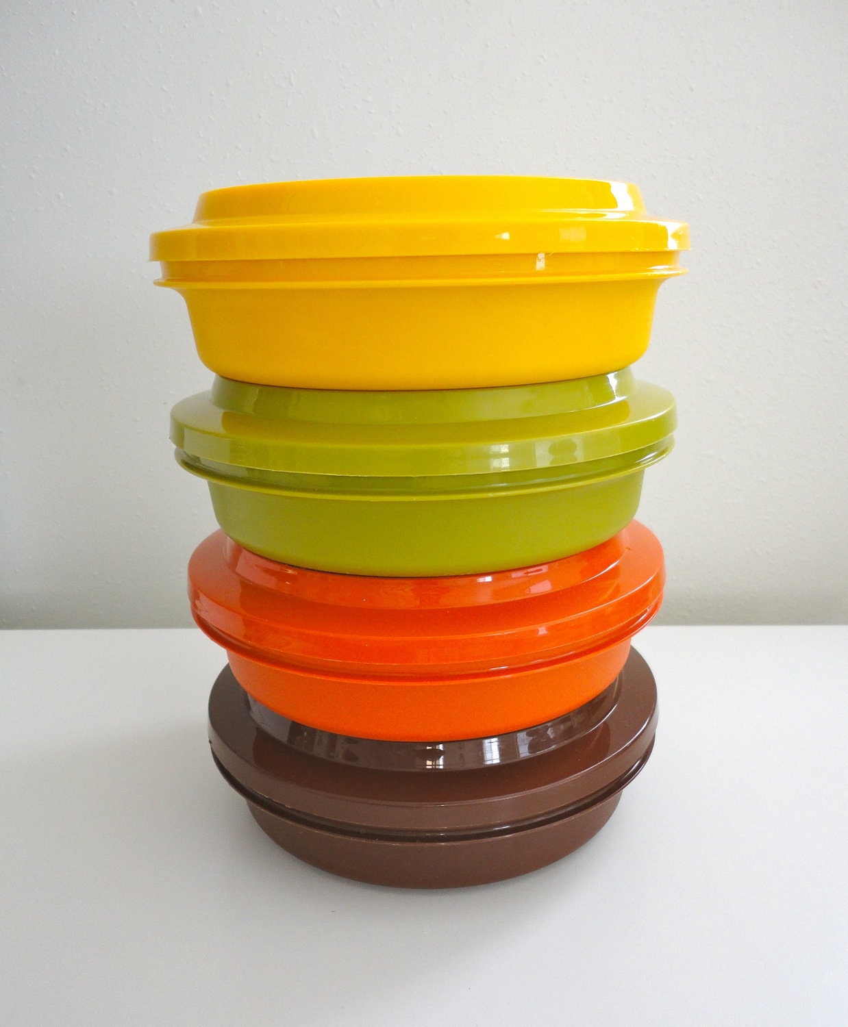 Vintage Tupperware Stackable Bowls with Lids Retro 70s Colors