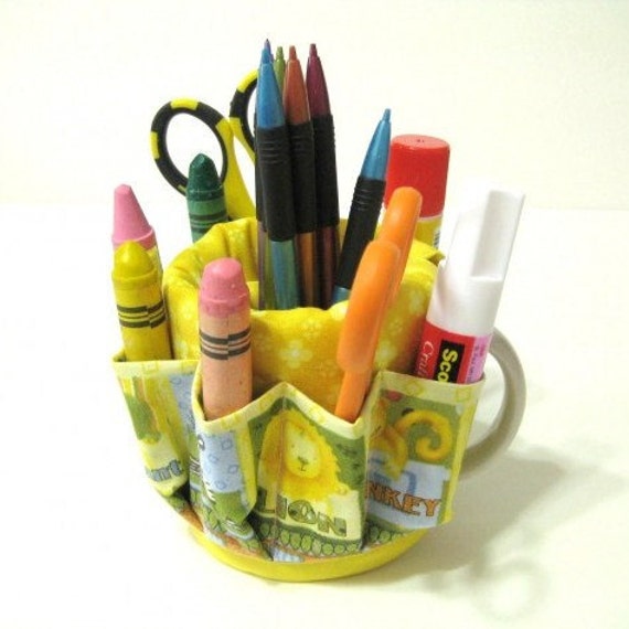 Items similar to Desktop Mug Organizer, Pencil Holder, Yellow Print