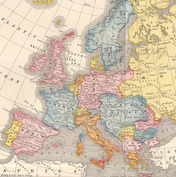 1903 Map Of Europe. Huge Antique Hand Colored Steel Engraved