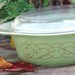 Pyrex Golden Scroll Casserole With Lid 1.50 Quarts 1959 Rare Sage Green Vintage Mid Century Kitchen Bake Ware 1950s USA