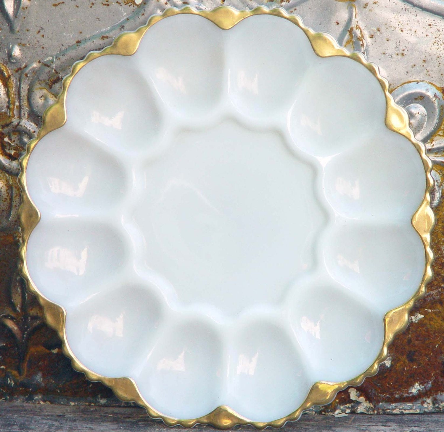 Fire King Milk Glass Deviled Egg Plate Gold Trim Golden Shell