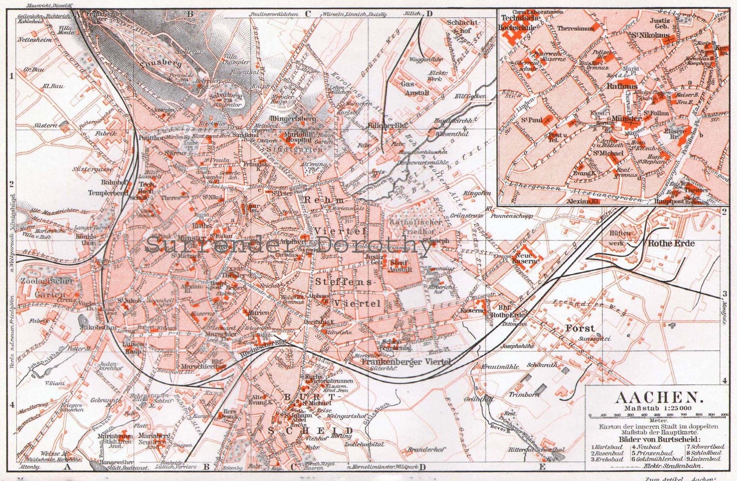 Aachen Aix-la-Chapelle Germany Map Vintage 1906 Antique Steel