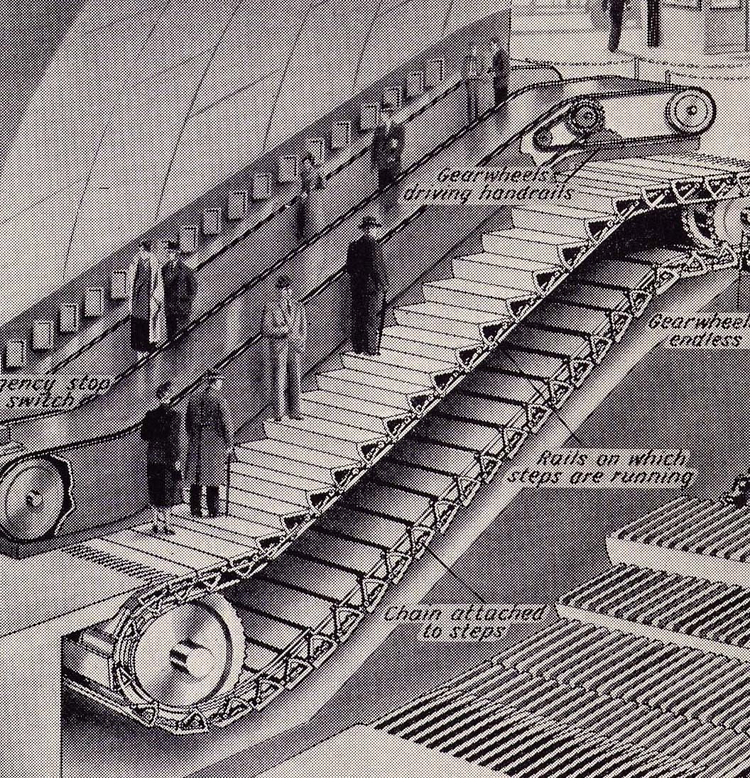 1939 How Escalators Work. Cool Invention Machine Illustration