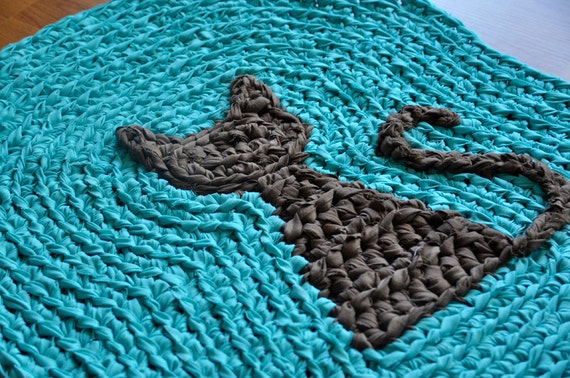 Area Rug EKRA Turquoise and Brown Kitty Cat