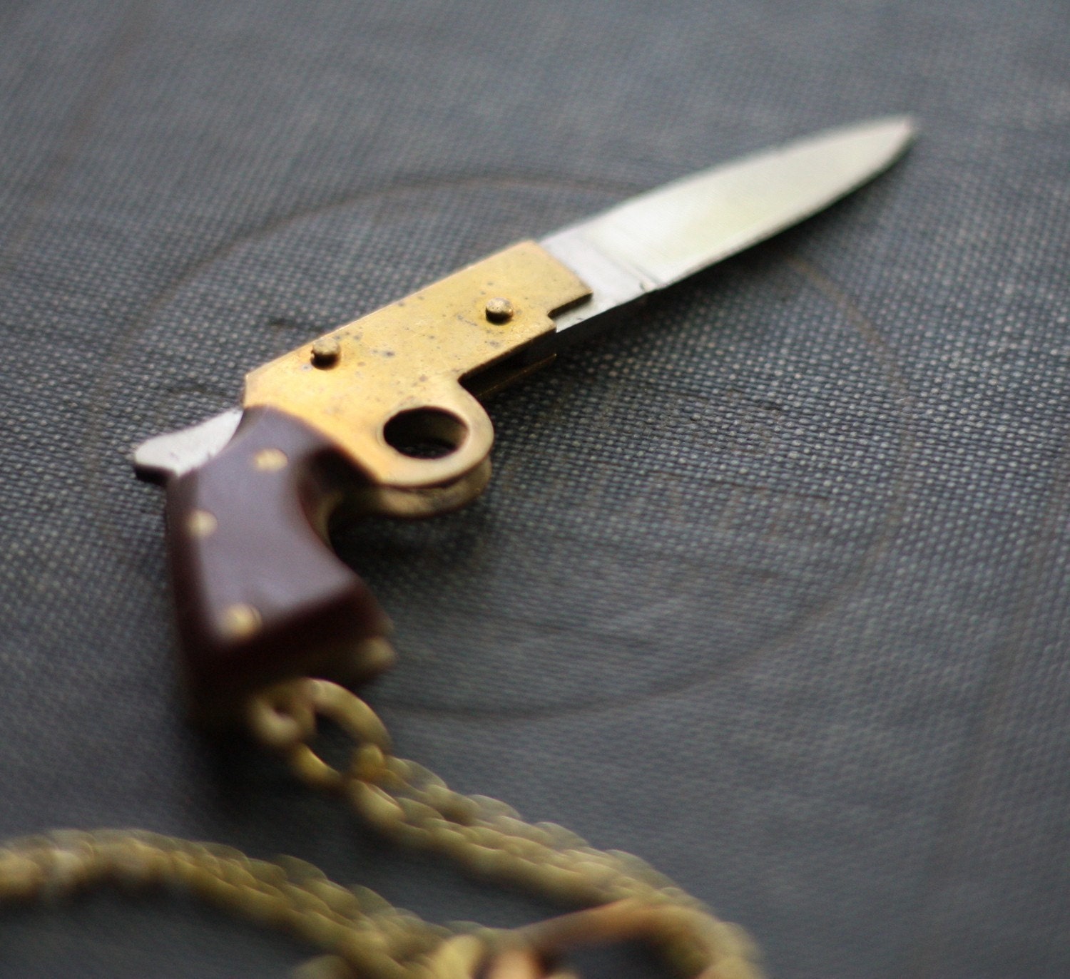 Gun Pocket Knife Necklace Brass Pistol with Black Bakelite