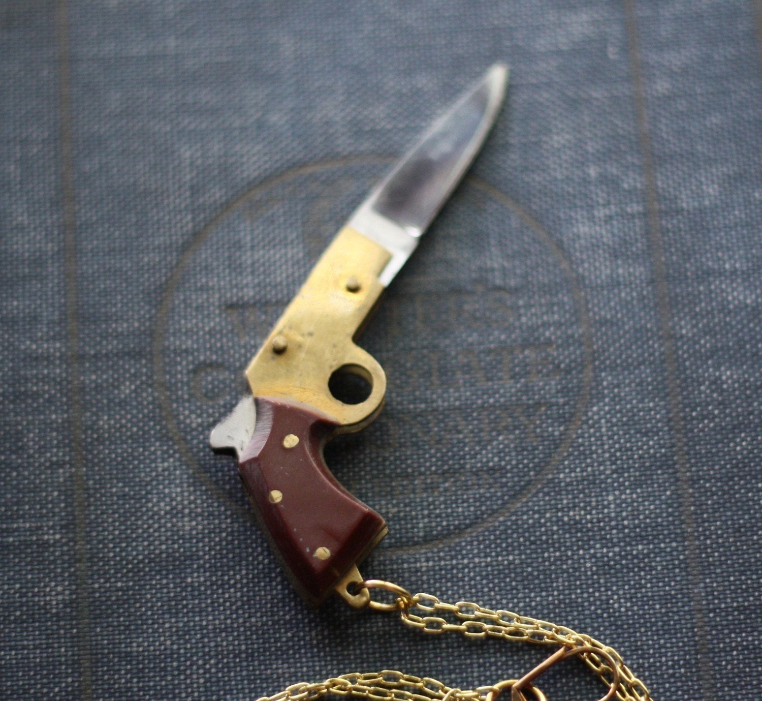 Gun Pocket Knife Necklace Brass Pistol with Black Bakelite