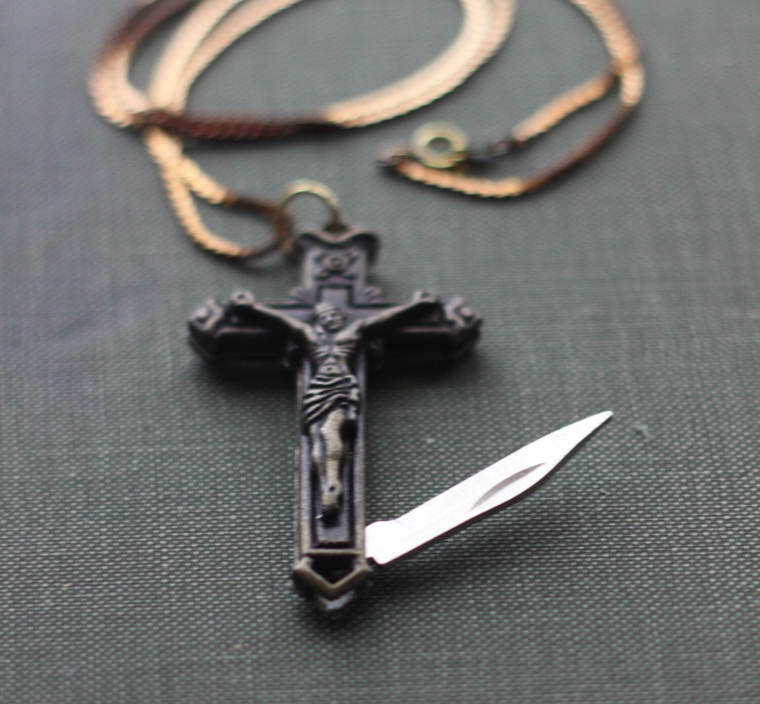 Crucifix Cross Pocket Knife Necklace Brass Religious by contrary