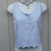 Light Blue eyelit embroidered cutwork Peasant Folk Blouse shell tank Top with scallop hem sz Sml to Med