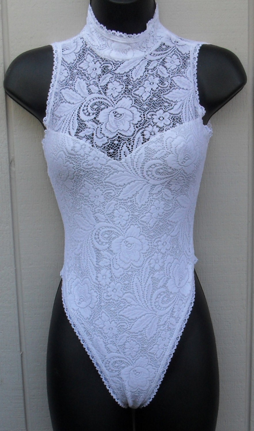 vintage lace stretch body con white High neck bodysuit leotard