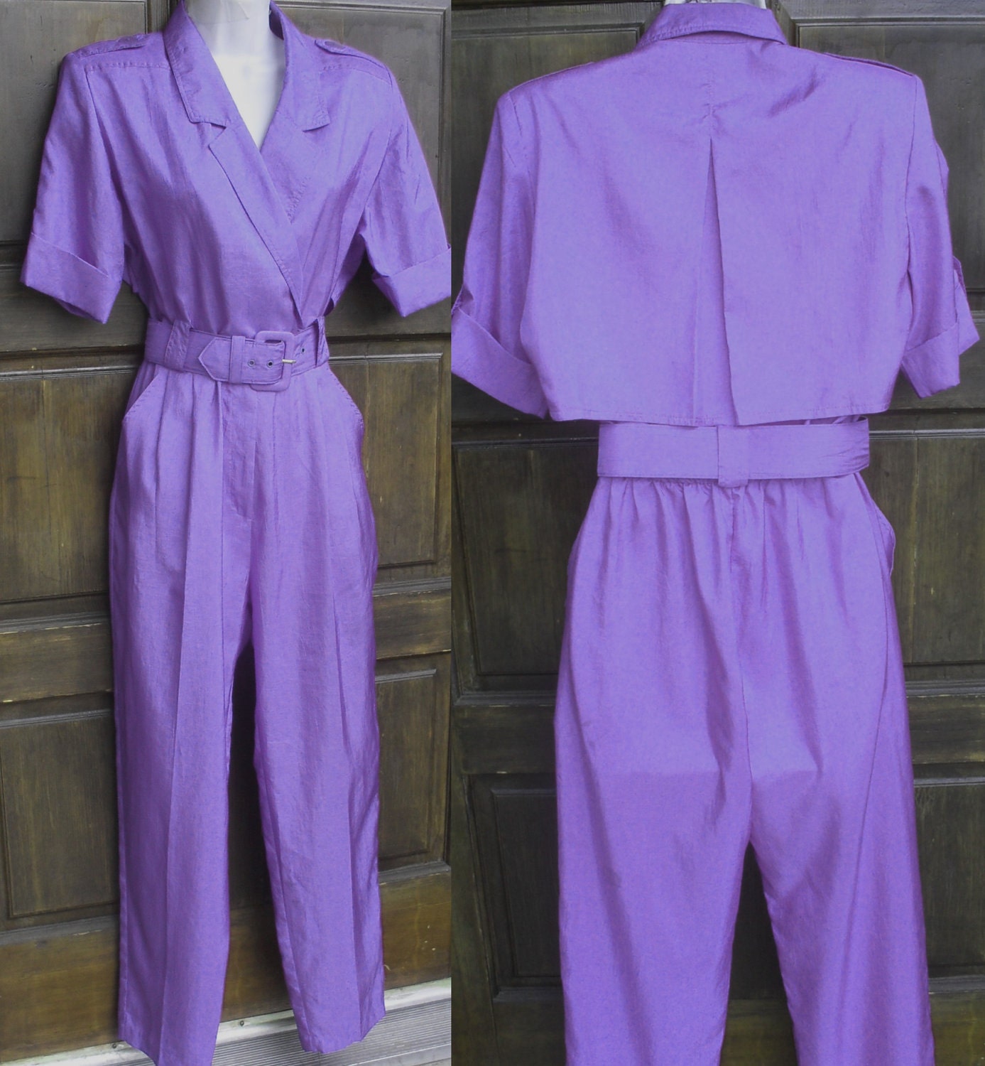 belt elastic purple waist PURPLE Vintage parachute pants JUMPSUIT Onesie 80s fabric