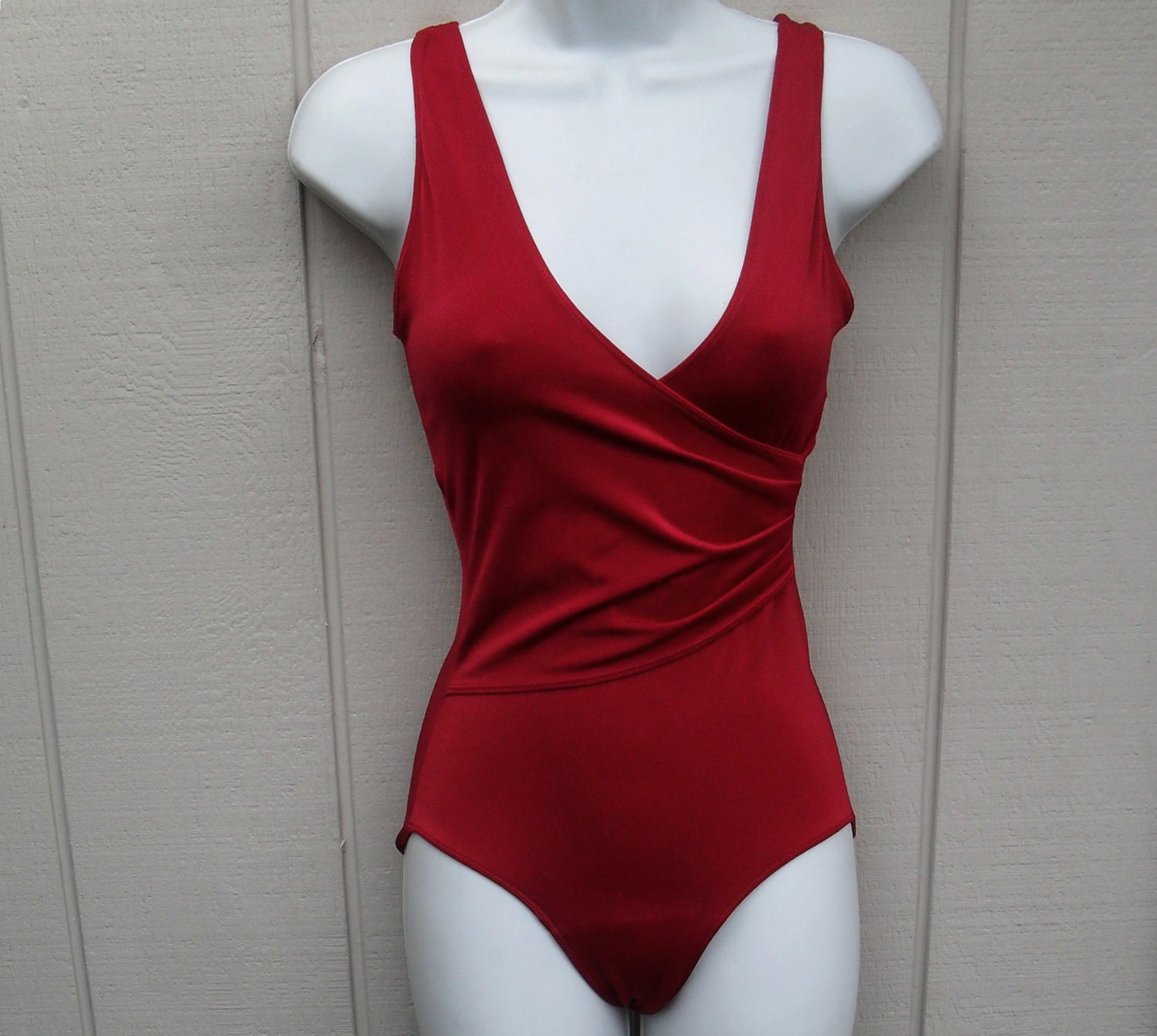 Vintage Danskin Red Wrap Cross front shiny spandex leotard