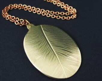 Feather Necklace, Handmade Preserved Nature Brass Necklace