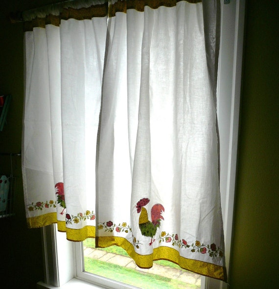 VINTAGE KITCHEN CURTAINS / Retro Handmade Applique Rooster
