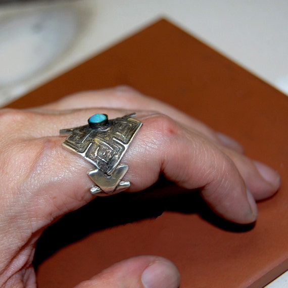 Fine Silver w/Black Opal Ring  "Navajo Blanket" Inspired Design