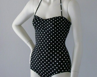 Black Polka Dot Retro Pinup One Piece Swimsuit Made To Order