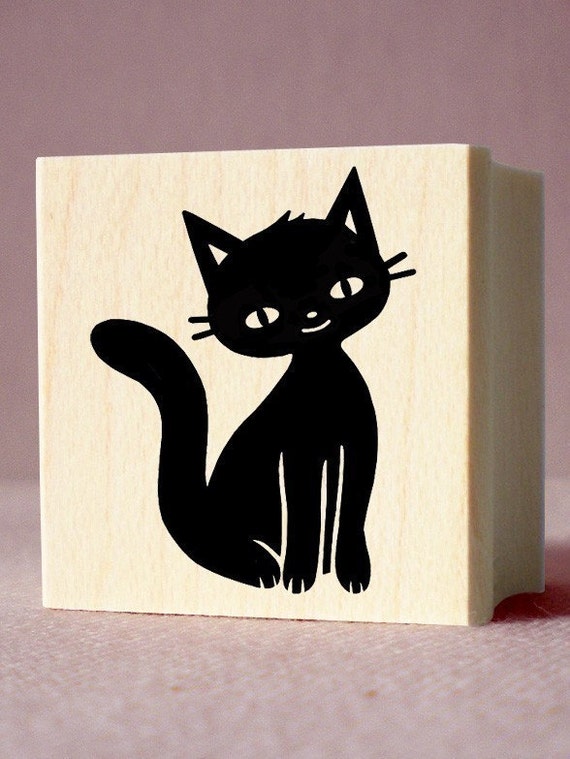 Black Cat Rubber Stamp wood mounted deep etched red rubber