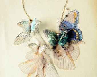Fluttery Breath of Life Necklace - Gold Brushed Aqua and Blue-