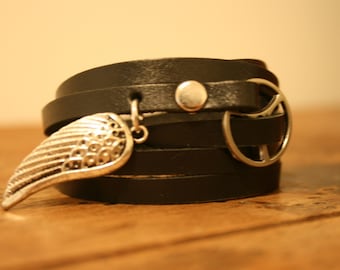 Leather Wrap Bracelet - Black leather with silver buckle and Angel Wing