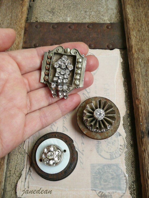 3 Rust and Rhinestone upcycled jewelry and by janedean