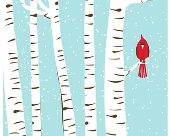 Screenprint Art - Winter Cardinal Art Print - Poster Silkscreen Hand Pulled - Snow w/ Birch Trees & Red Bird Art Print