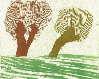 WOODBLOCK LINOCUT PRINT - Double Brown Willows - Relief Monoprint 6" x 6"