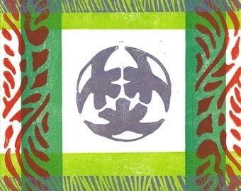 LINO PRINT - Kabuki Crest 2 - Monoprint 6"x6"
