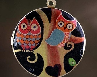 Photo Locket, Image Locket, Art Locket, Picture Locket, Brass Locket - Midnight Owls