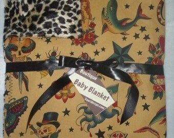Tattoo baby blanket, punk tattoo baby blanket, rockabilly leopard boutique baby blanket,  CHOOSE 1 pink black or tea stained Adult sizes too