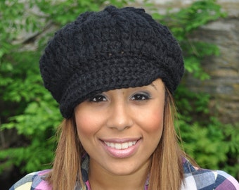 Black Newsboy Hat - Crochet Hat with Brim - Black Hat - Winter Hat for Women - Black Brimmed Hat