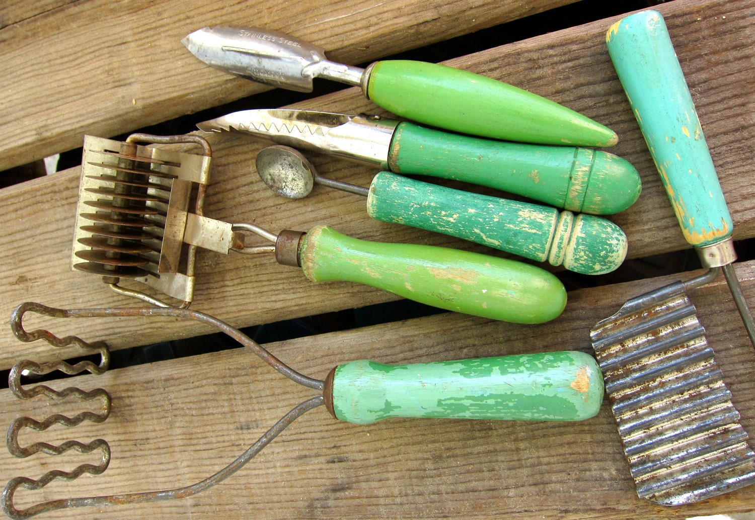 Vintage Chippy Green Wooden Handle Kitchen Utensils / Tools