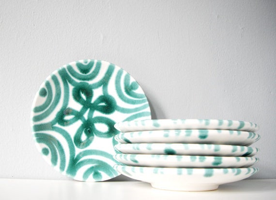 Set of six vintage plates teal dessert plate ceramic with