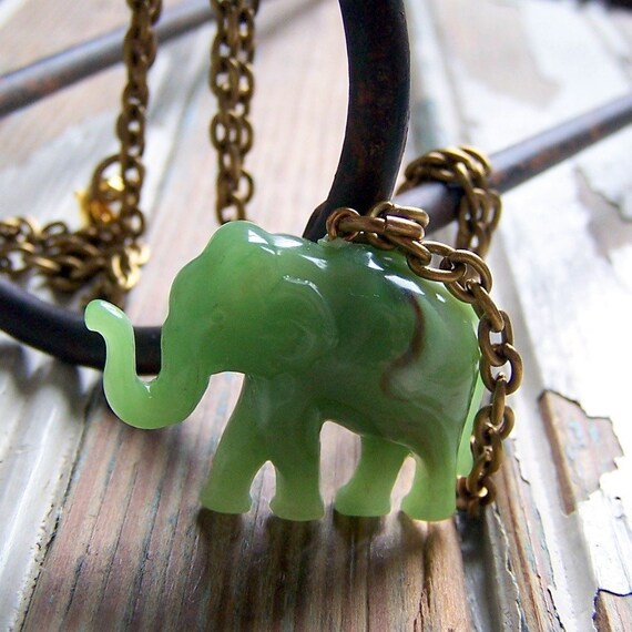 Elephant necklace vintage jade green plastic and brass LAST