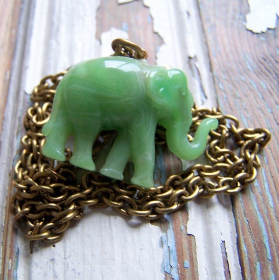 Elephant necklace vintage jade green plastic and brass LAST