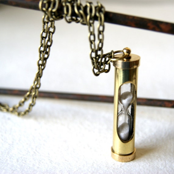 Hourglass Necklace Brass Sand Timer Antiqued Brass Chain 0393