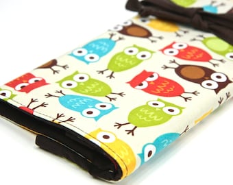 Large Knitting Needle Case - Urban Owls - multi 30 brown pockets