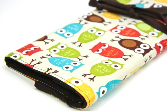 Large Knitting Needle Case - Urban Owls - 30 Brown Pockets