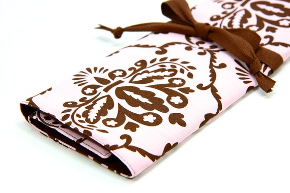 Knitting Needle Case - Leanika Damask - IN STOCK brown pockets for circular, straight, dpn, or paint brushes