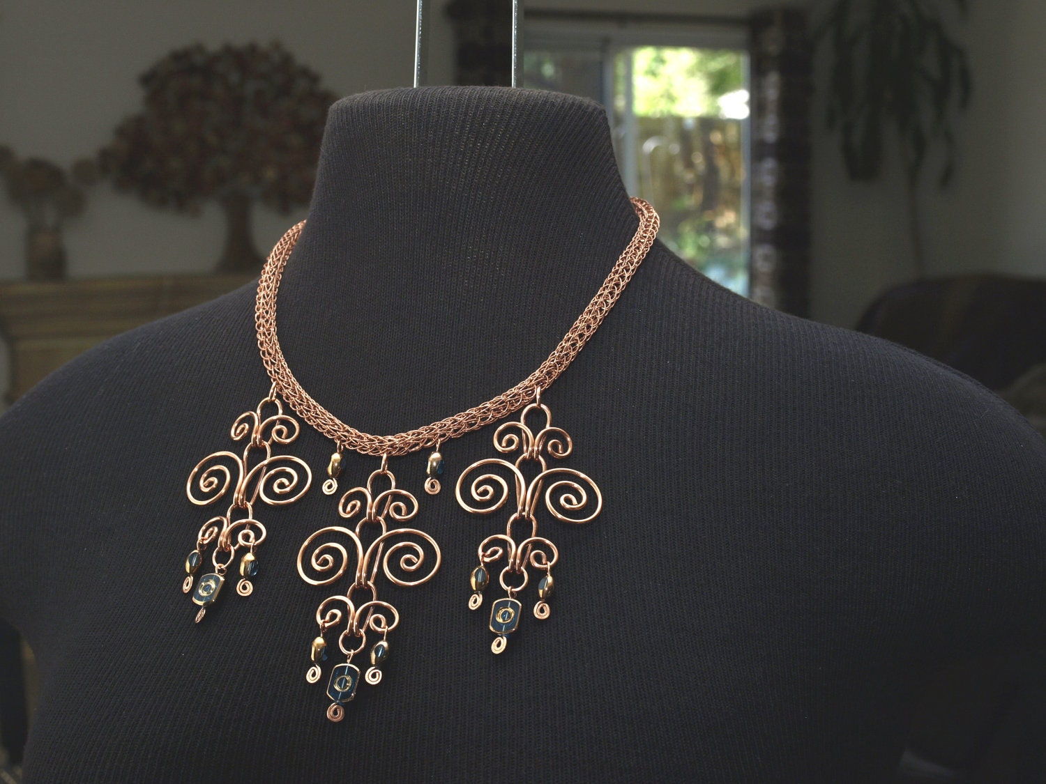 Copper Viking Knit Necklace With Blue Beads Handcrafted