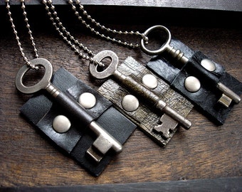Vintage Skeleton Key Necklace - Black Leather Dog Tag Necklace with Key - Doorkeeper