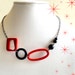Tomato Red and Black Geometric Necklace - Vintage 50's Shapes with Black Glass Beads on Shiny Gun Metal Chain - Free Shipping