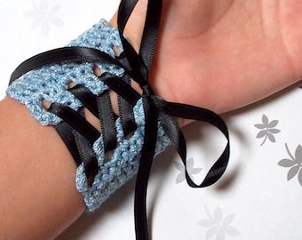Blue Wrist Cuff - Sparkly Crocheted Laced Wristband with Black Satin Ribbon, corset-style accessory, ren faire princess, young adult medium