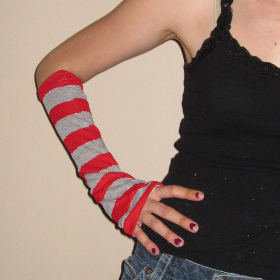 Red and Gray Striped Arm Warmers by Crafterbynite on Etsy