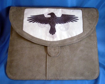 Gray suede iPad sleeve/Clutch with Clockwork Raven silk insert / Reduced Price